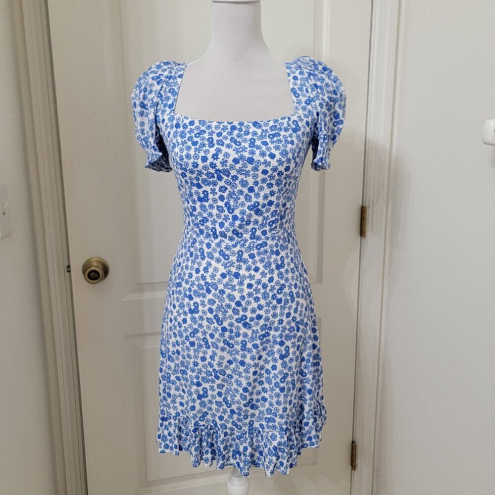 Olivaceous Size S Blue White Floral Milkmaid Style Mini Dress, Ruffled Hem
